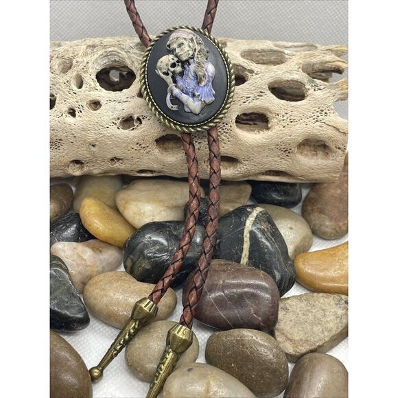 Valentine Til Death Do Us Part Sugar Skull Mexican Bolo Tie Skeleton Mens Women - Picture 2 of 15